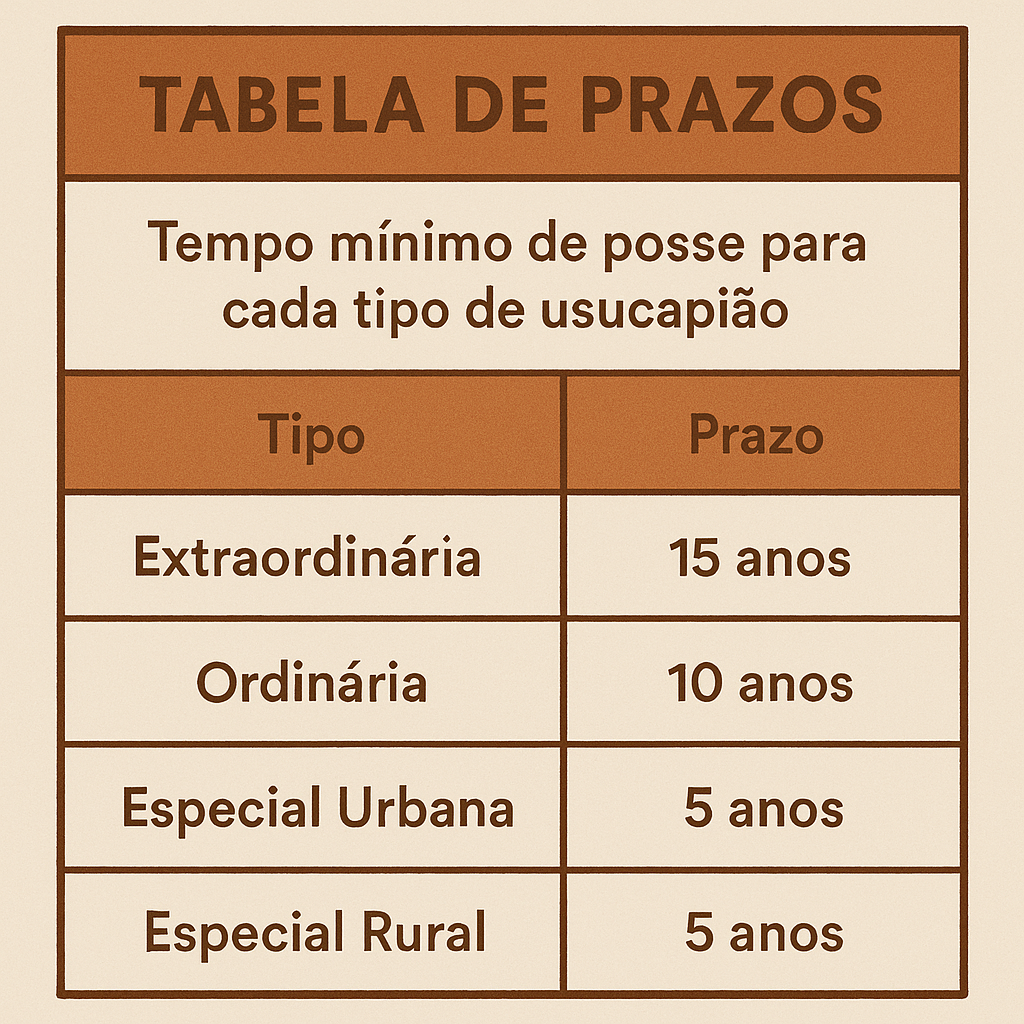 Tabela de prazos: tempo mínimo de posse para cada tipo de usucapião