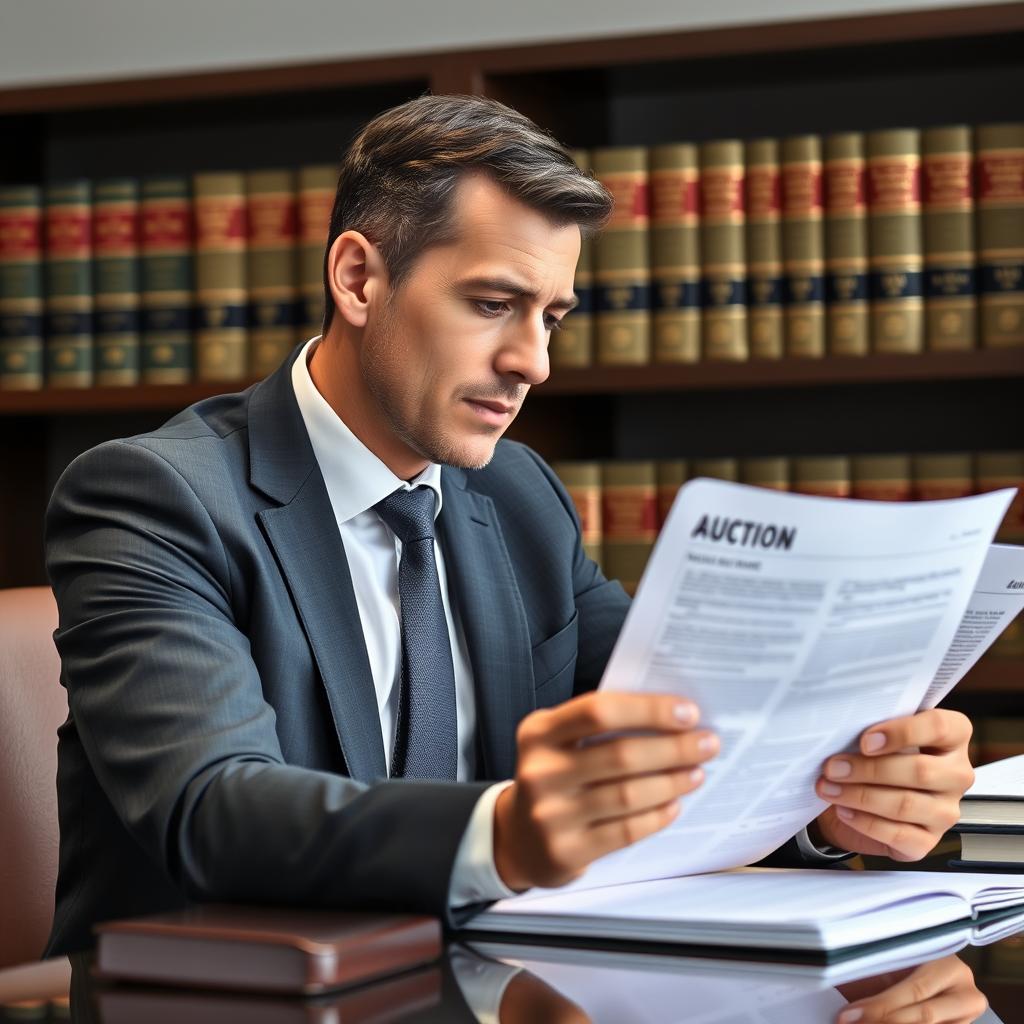Advogado analisando documentos de arrematação de imóvel Advogado analisando documentos de arrematação de imóvel