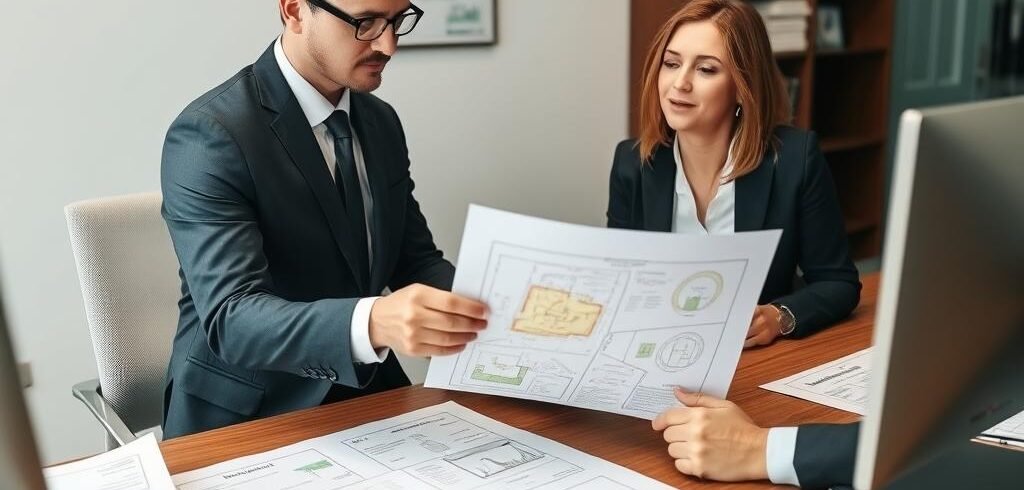 Advogado-analisando-documentos-de-divisao-de-lotes-com-cliente Advogado analisando documentos de divisão de lotes com cliente