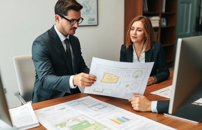 Advogado-analisando-documentos-de-divisao-de-lotes-com-cliente Advogado analisando documentos de divisão de lotes com cliente