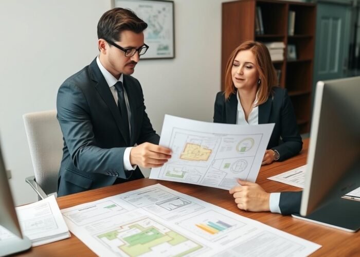 Advogado analisando documentos de divisão de lotes com cliente