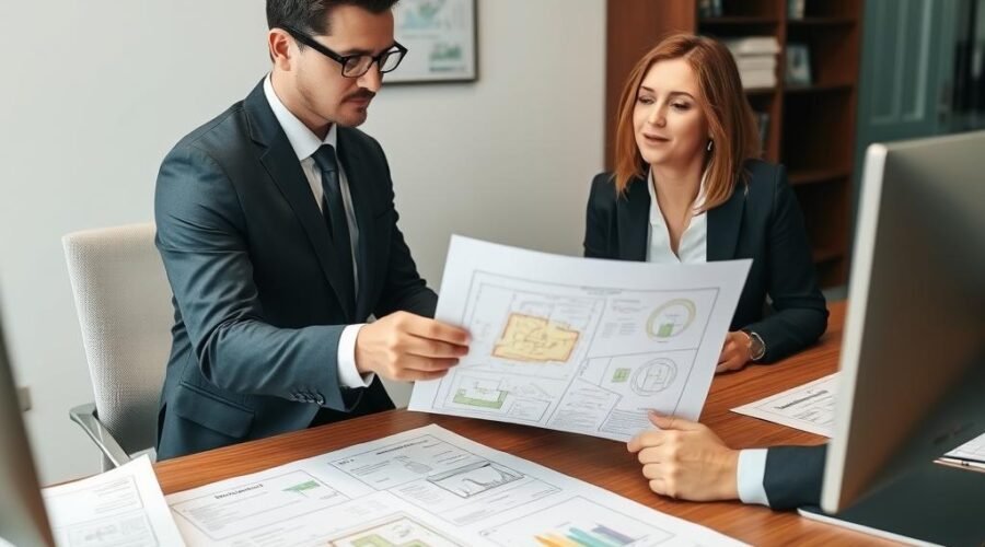 Advogado analisando documentos de divisão de lotes com cliente