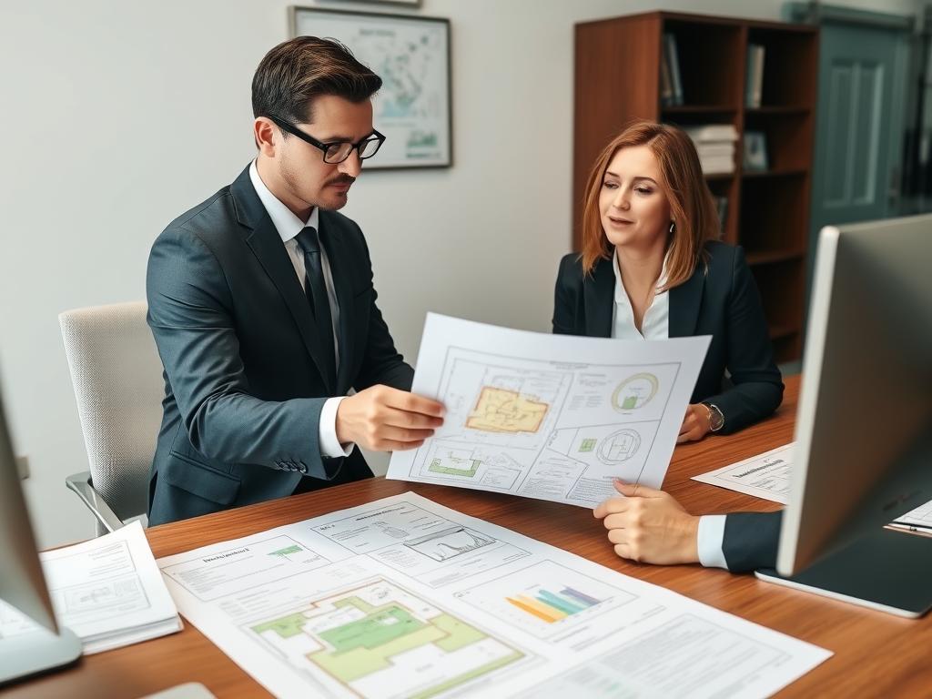 Advogado analisando documentos de divisão de lotes com cliente