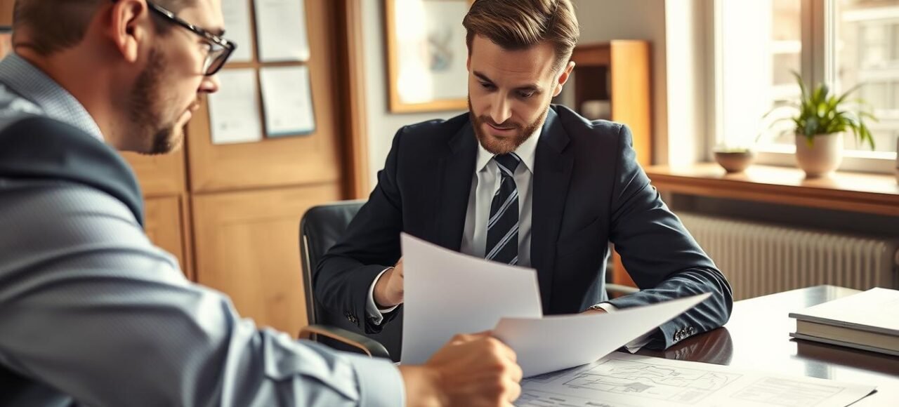 Advogado analisando documentos de imóvel de leilão com cliente