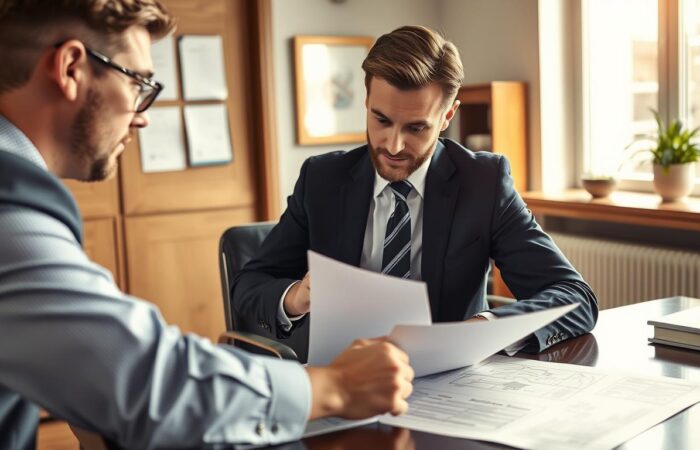 Advogado-analisando-documentos-de-imovel-de-leilao-com-cliente Advogado analisando documentos de imóvel de leilão com cliente