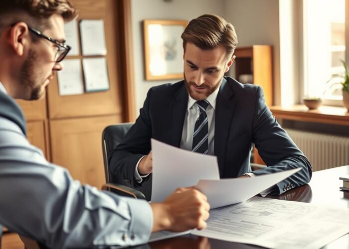 Advogado analisando documentos de imóvel de leilão com cliente