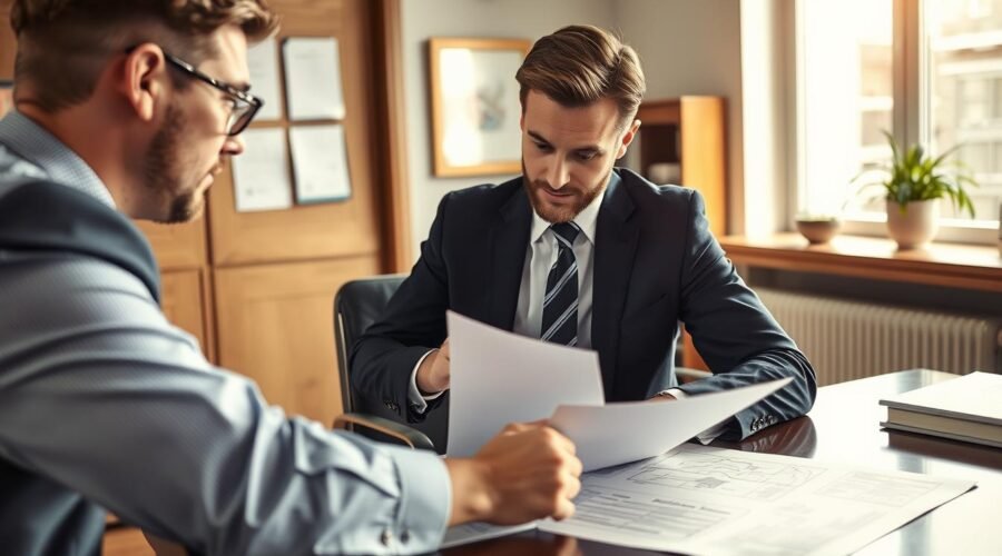 Advogado analisando documentos de imóvel de leilão com cliente