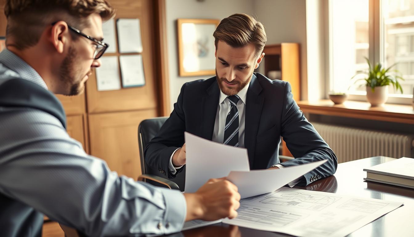 Advogado analisando documentos de imóvel de leilão com cliente