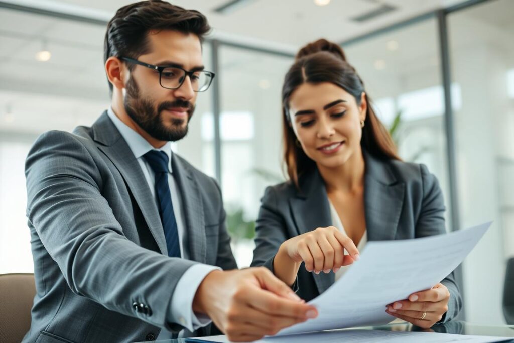 Advogado analisando documentos de naturalização brasileira com cliente Advogado analisando documentos de naturalização brasileira com cliente