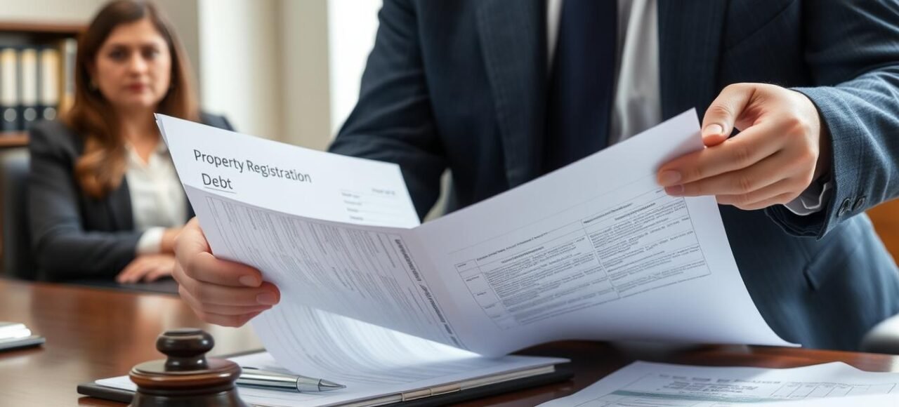 Advogado analisando matrícula de imóvel e documentos de dívidas