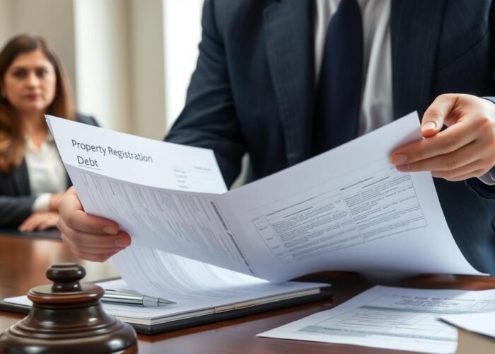 Advogado analisando matrícula de imóvel e documentos de dívidas