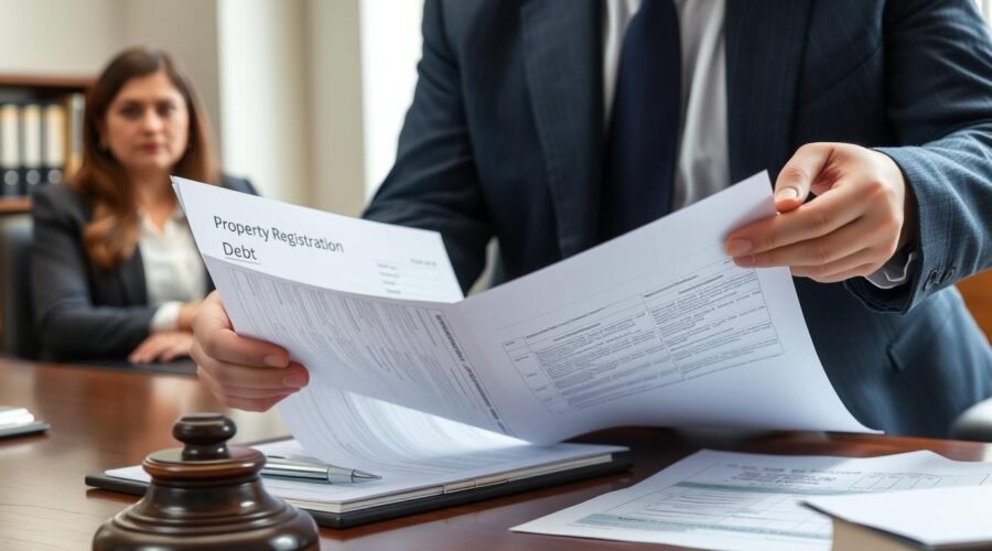 Advogado analisando matrícula de imóvel e documentos de dívidas
