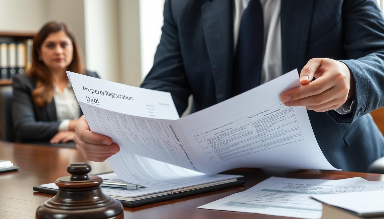 Advogado analisando matrícula de imóvel e documentos de dívidas
