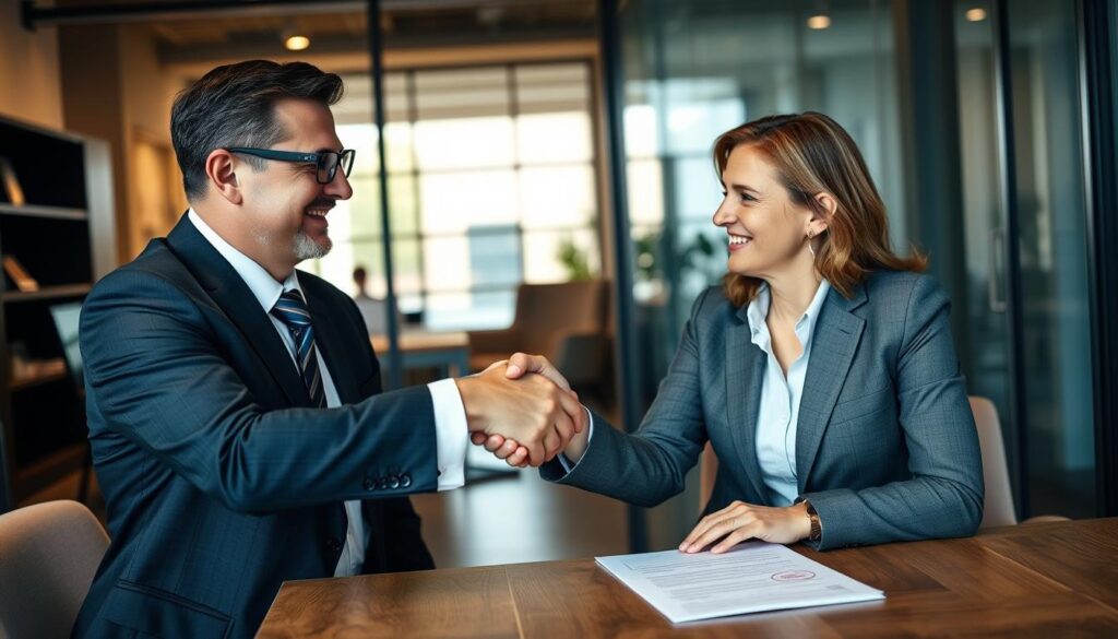 Advogado e cliente celebrando resolução de contrato de compra de imóvel na planta Advogado e cliente celebrando resolução de contrato de compra de imóvel na planta