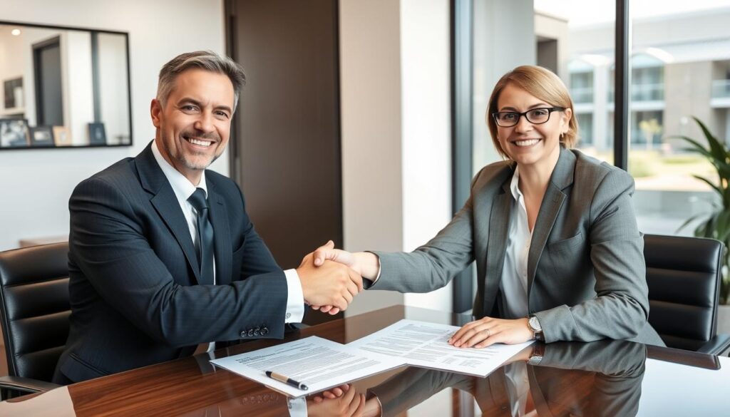 Advogado e cliente fechando acordo sobre reajuste de aluguel contrato comercial Advogado e cliente fechando acordo sobre reajuste de aluguel contrato comercial