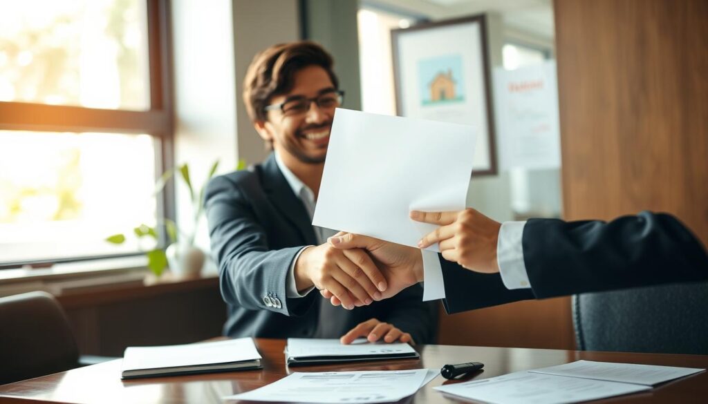 Advogado entregando documentação de imóvel sem pendências judiciais para cliente Advogado entregando documentação de imóvel sem pendências judiciais para cliente