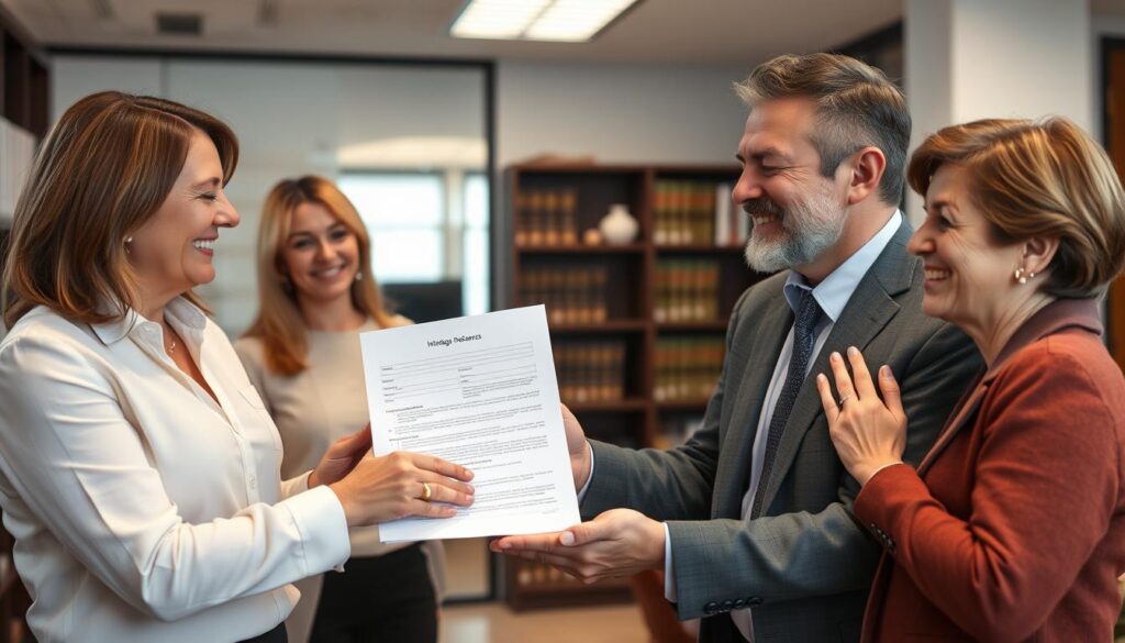 Advogado entregando documentos finalizados de inventário de bens para clientes satisfeitos Advogado entregando documentos finalizados de inventário de bens para clientes satisfeitos