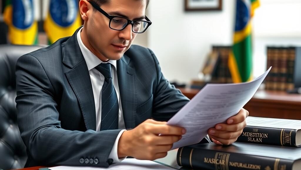 Advogado especialista analisando documentos de recurso de naturalização negada