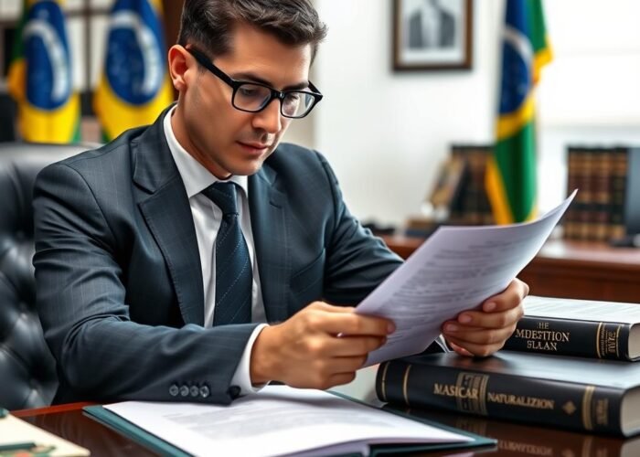 Advogado especialista analisando documentos de recurso de naturalização negada