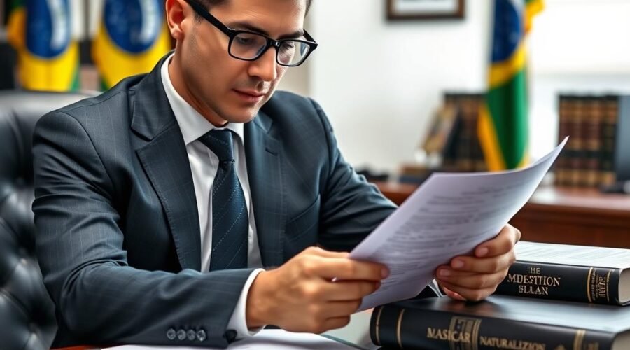 Advogado especialista analisando documentos de recurso de naturalização negada