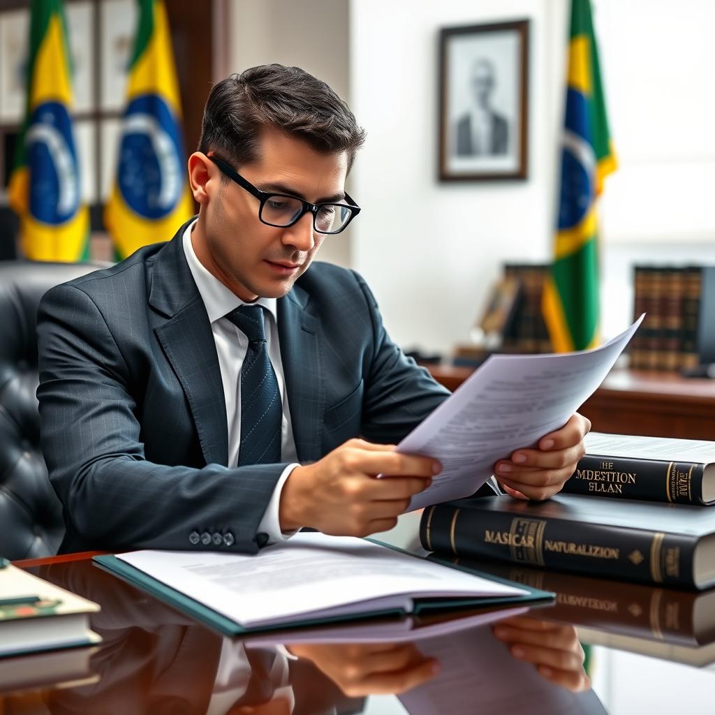 Advogado especialista analisando documentos de recurso de naturalização negada