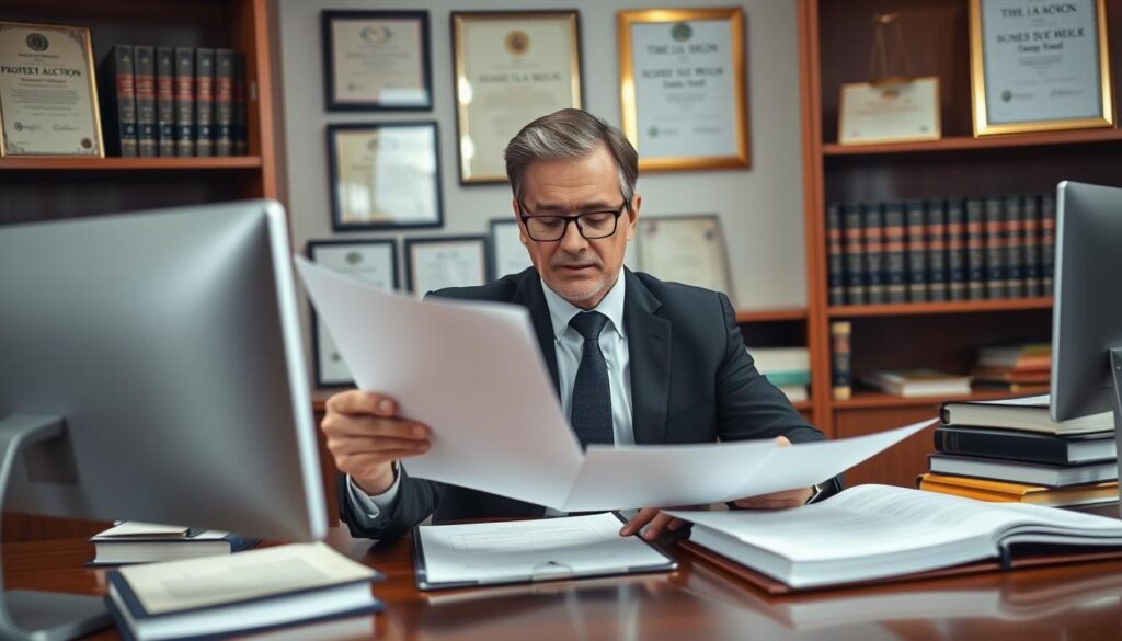 Advogado especialista em leilão de imóvel analisando documentos para proteger direitos do cliente