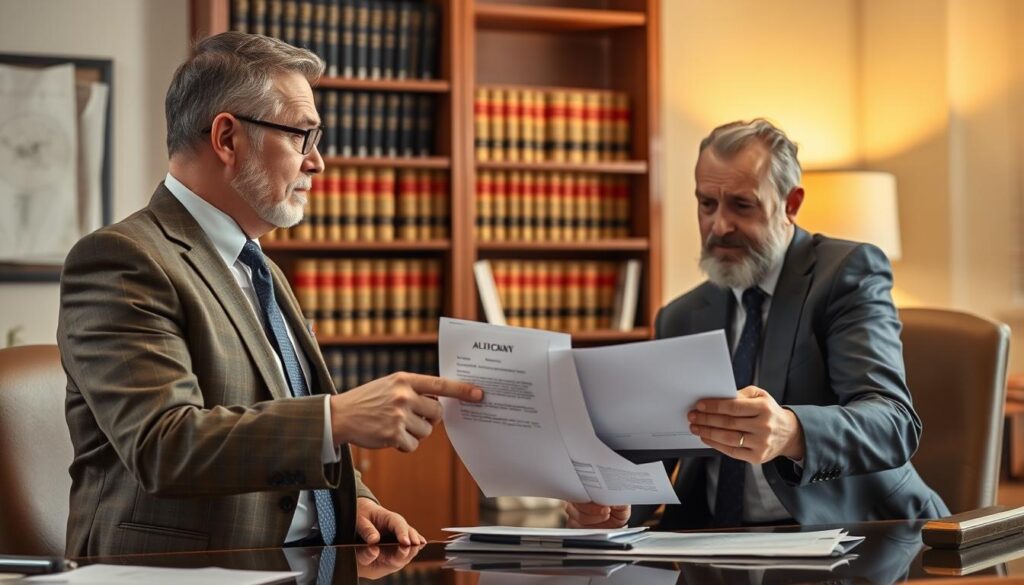 Advogado especialista em leilão de imóvel explicando alternativas legais para cliente preocupado