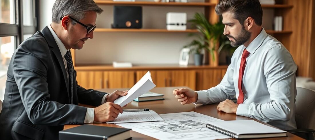Advogado especialista em processo de usucapião analisando documentos com cliente