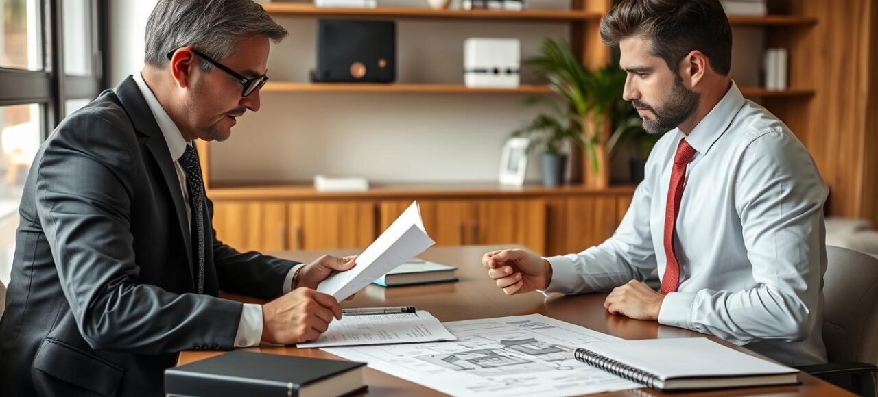 Advogado especialista em processo de usucapião analisando documentos com cliente