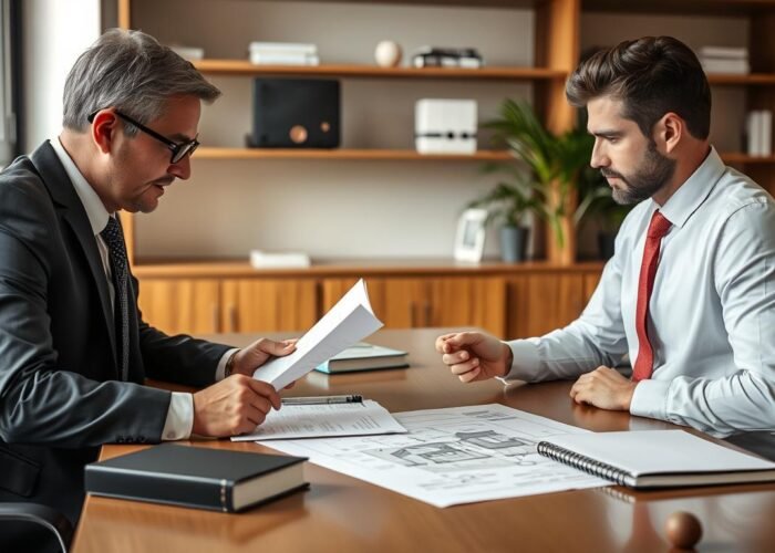 Advogado especialista em processo de usucapião analisando documentos com cliente