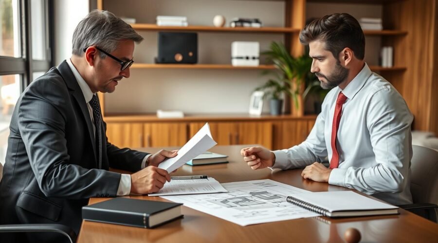 Advogado especialista em processo de usucapião analisando documentos com cliente