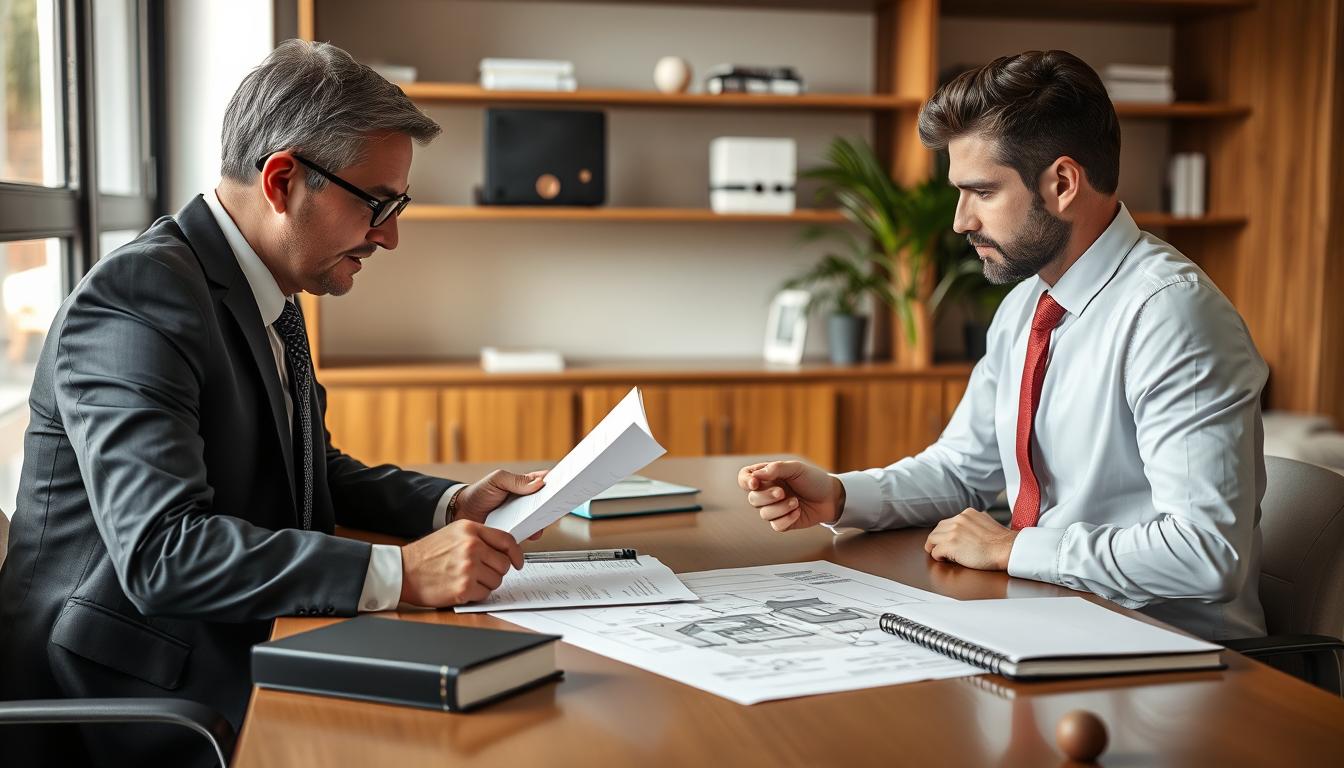 Advogado especialista em processo de usucapião analisando documentos com cliente