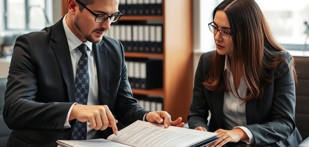 Advogado especialista em usucapião analisando documentos com cliente
