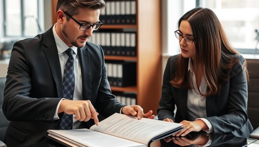 Advogado especialista em usucapião analisando documentos com cliente