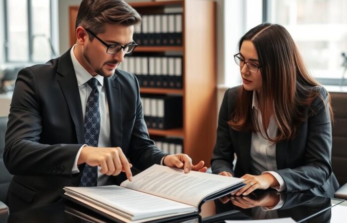 Advogado-especialista-em-usucapiao-analisando-documentos-com-cliente Advogado especialista em usucapião analisando documentos com cliente