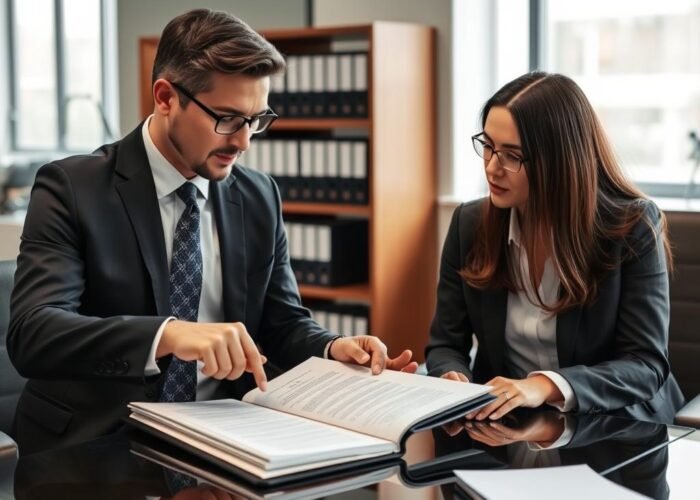 Advogado especialista em usucapião analisando documentos com cliente