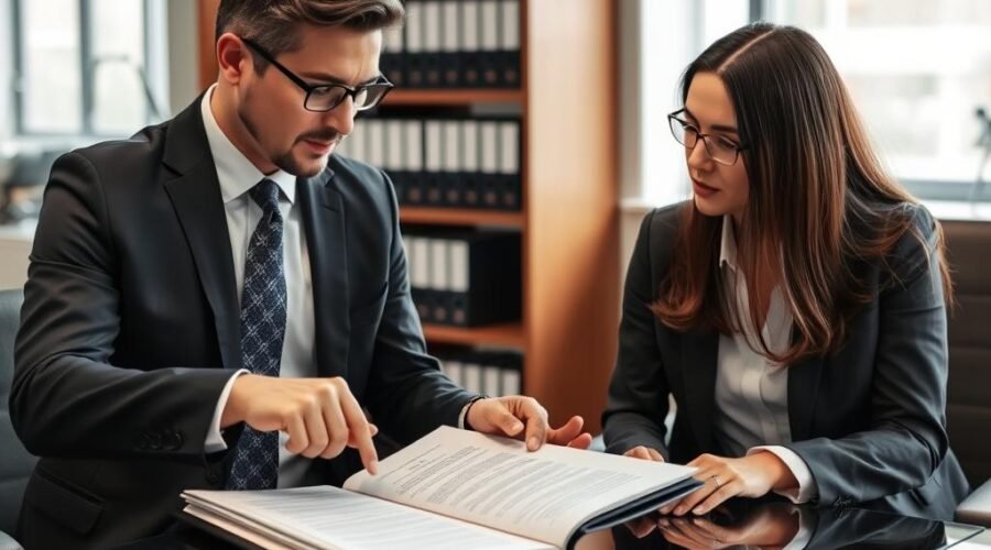 Advogado especialista em usucapião analisando documentos com cliente