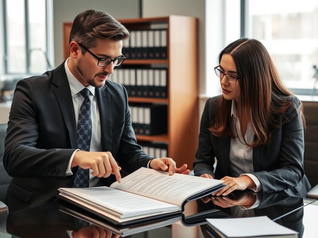 Advogado especialista em usucapião analisando documentos com cliente