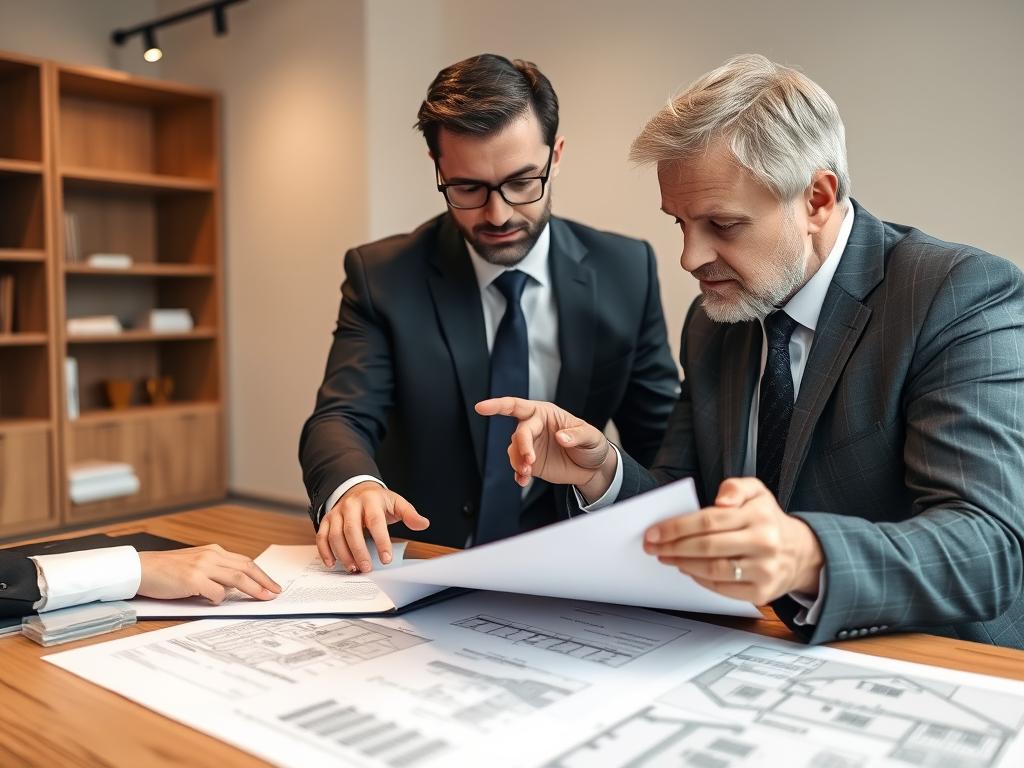 Advogado especializado analisando contrato de compra de imóvel na planta com cliente Advogado especializado analisando contrato de compra de imóvel na planta com cliente