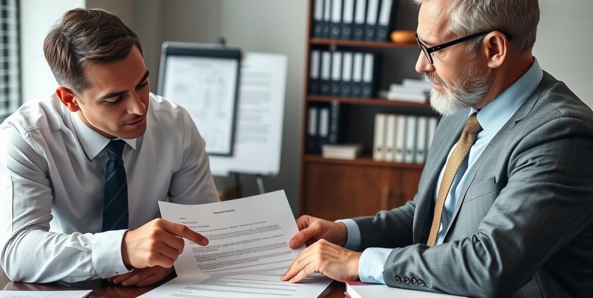Advogado especializado analisando contrato de construção civil com cliente