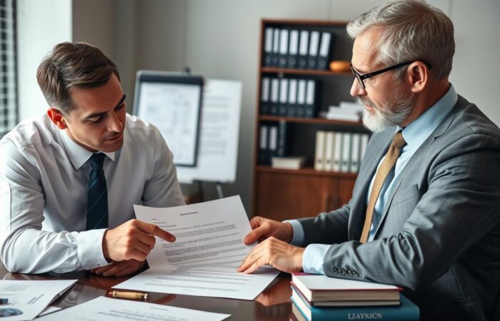 Advogado-especializado-analisando-contrato-de-construcao-civil-com-cliente Advogado especializado analisando contrato de construção civil com cliente