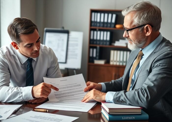 Advogado especializado analisando contrato de construção civil com cliente