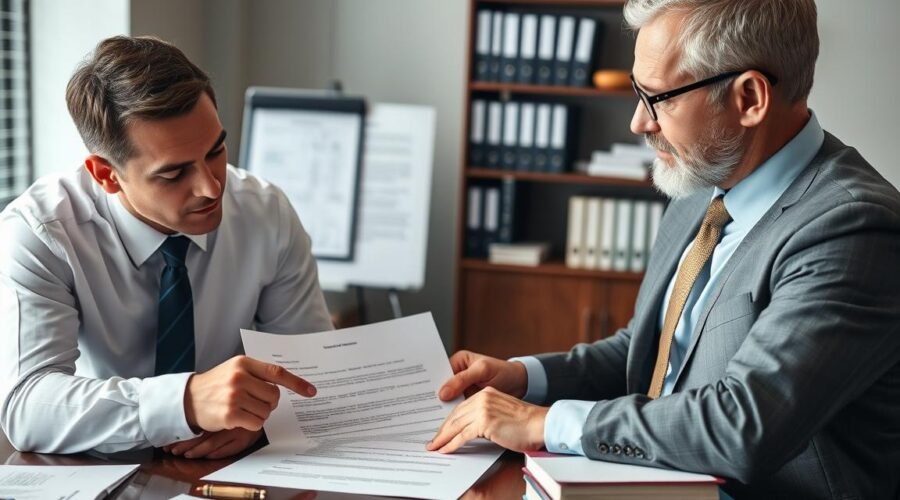 Advogado especializado analisando contrato de construção civil com cliente