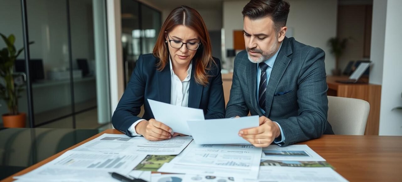 Advogado especializado analisando documentação de imóvel com cliente