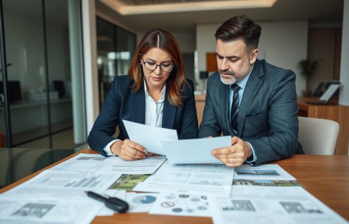 Advogado-especializado-analisando-documentacao-de-imovel-com-cliente Advogado especializado analisando documentação de imóvel com cliente