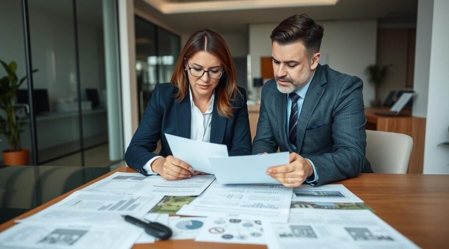 Advogado especializado analisando documentação de imóvel com cliente