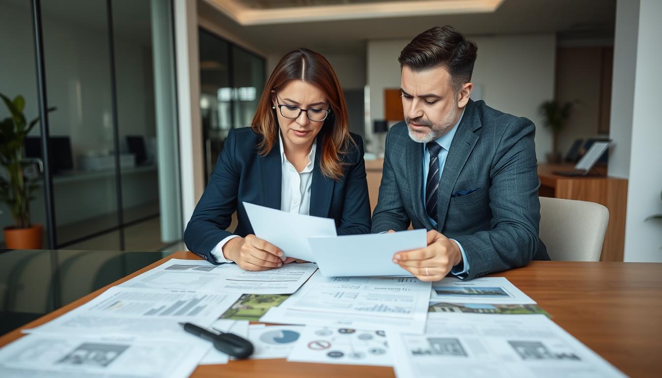 Advogado especializado analisando documentação de imóvel com cliente