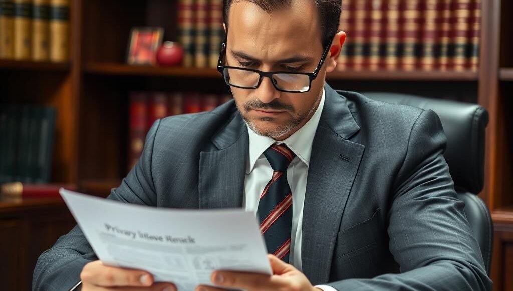 Advogado especializado analisando documentos de caso de invasão de privacidade