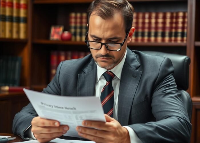 Advogado especializado analisando documentos de caso de invasão de privacidade
