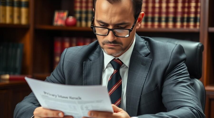 Advogado especializado analisando documentos de caso de invasão de privacidade